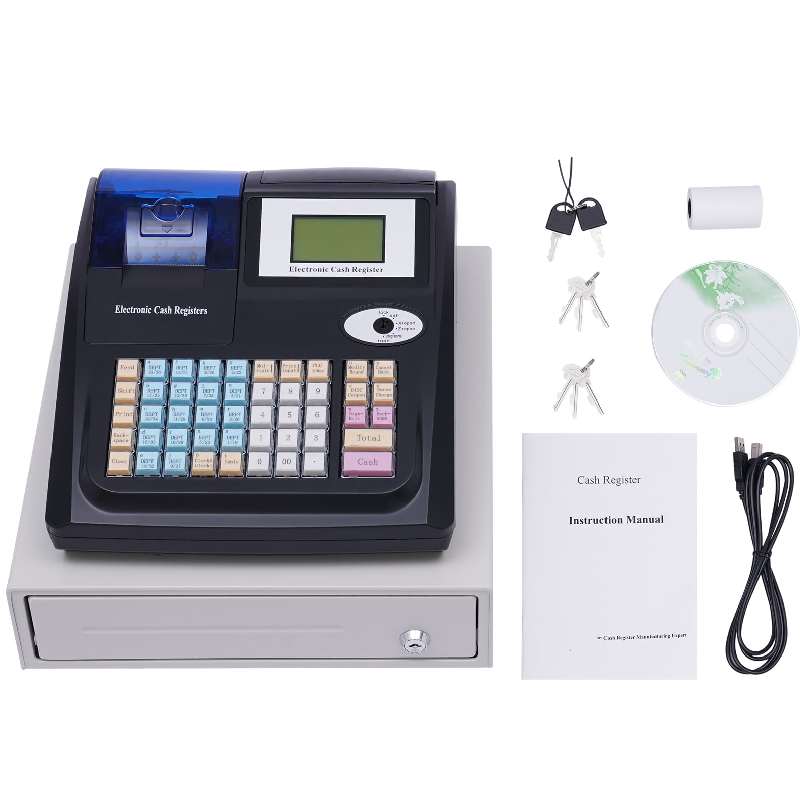 Programmable Electronic Cash Register with Drawer, 48 Keys