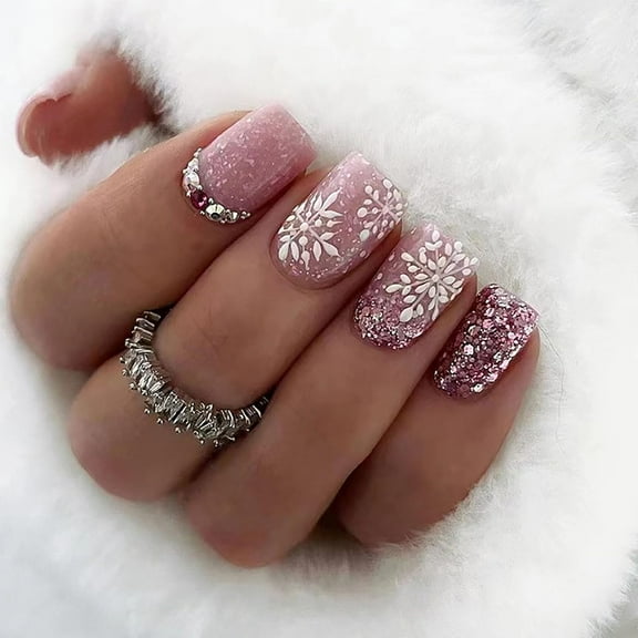 Christmas Press on Nails Medium Square Fake Nails Pink Full Cover White&Glitter Swirl False Nails with Designs Gold Glitter Glossy Glue on Nails Artificial Nails for Women Girls 24Pcs Christmas