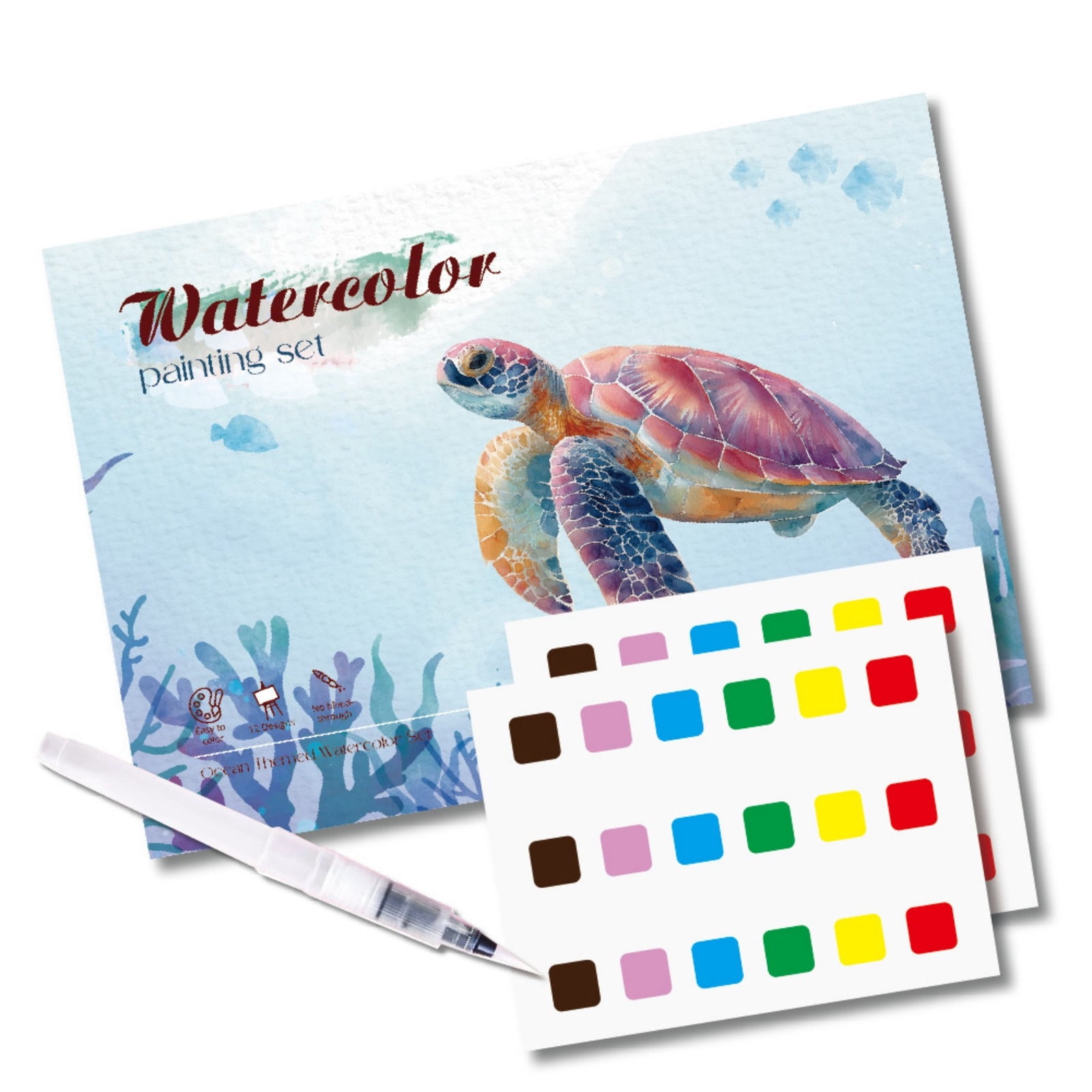 YiJuHui 4pcs Underwater World Watercolor Set with Built-in Pigments, Creative Art Kit, Non-Toxic Washable, Ocean Life Theme, Portable Travel Activity