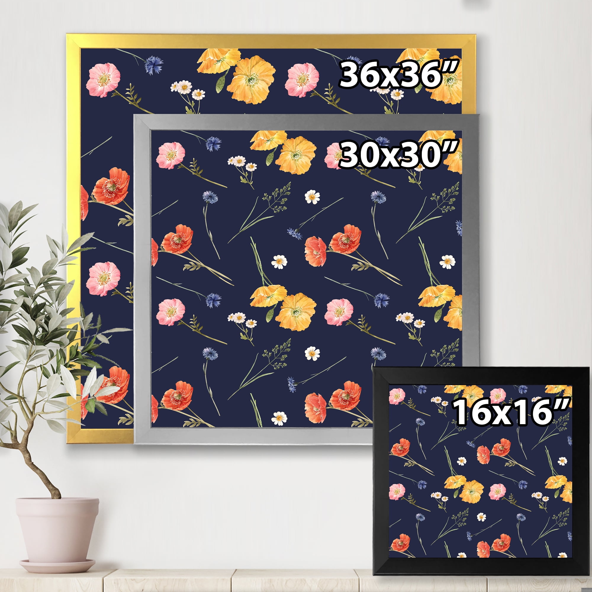 Designart 'Yellow and Orange Wild Flowers On Dark Blue' Traditional Framed Art Print