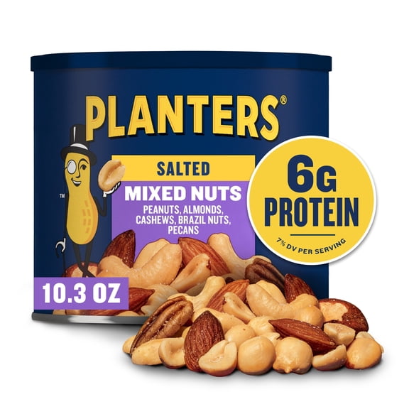 Planters Salted Mixed Nuts with Peanuts, Cashews, Almonds, Brazil Nuts, Pecans. 6g Protein (7% DV), Plant Based Protein Snacks, 10.3 oz Resealable Can