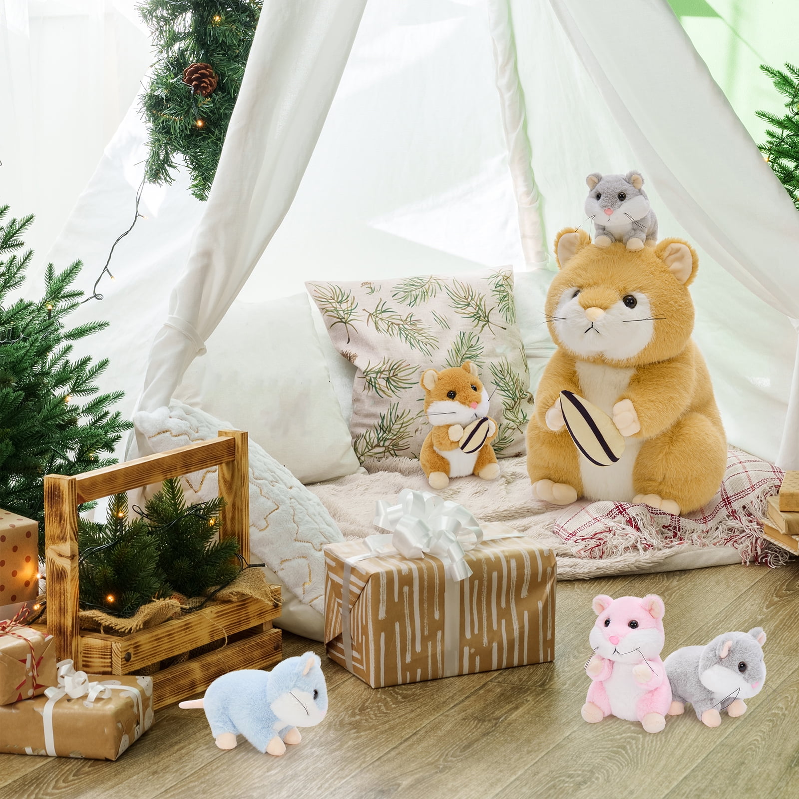 MorisMos Cute Hamster Plush Toy Set with 4 Baby Plush Toys, Soft Hamster Stuffed Animal with Sunflower Seed