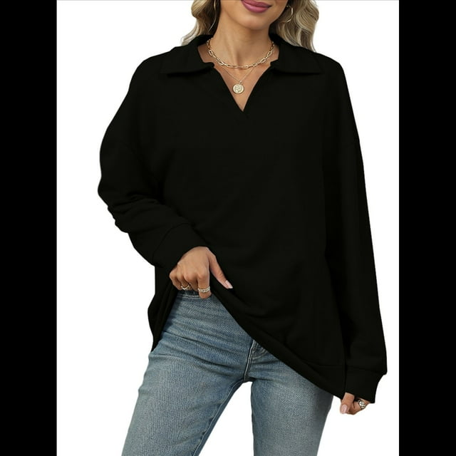 de Larga con Cuello en V para Mujer, Sudaderas Ligeras, Ropa de Moda de Otoño 2025. Negro M
