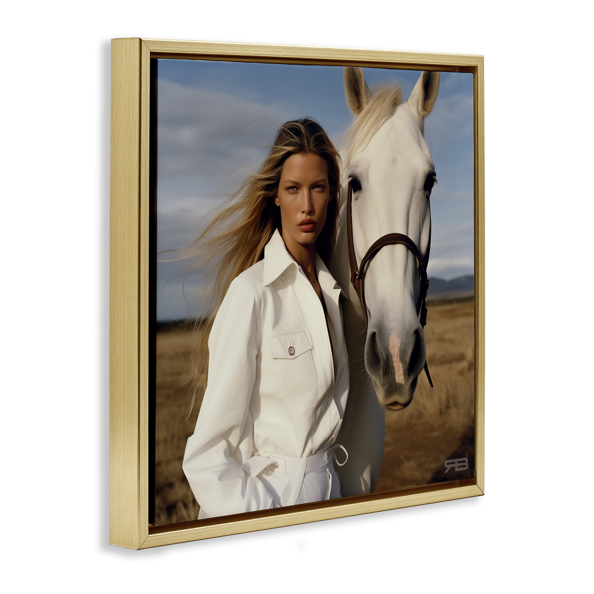 Stupell Industries Equestrian Girl & White Horse People Painting Gold Floater Framed Canvas Art Print Wall Art, 18 x 18