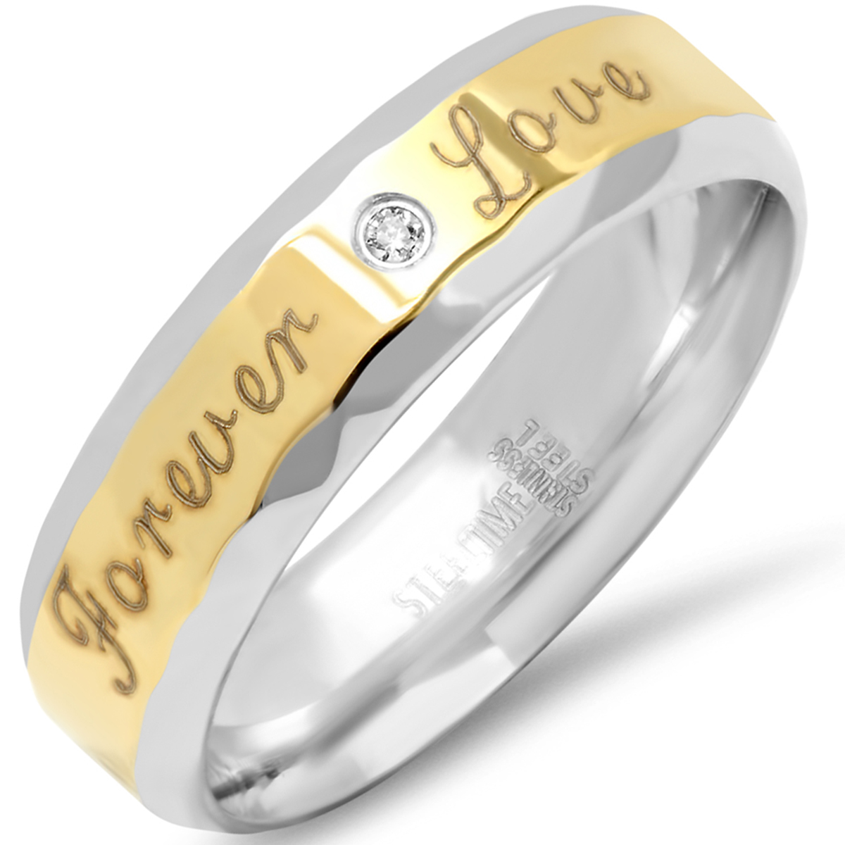 Men's Two Tone Stainless Steel and 18K Gold Plated Stainless Steel Forever Love Ring With Simulated Diamond
