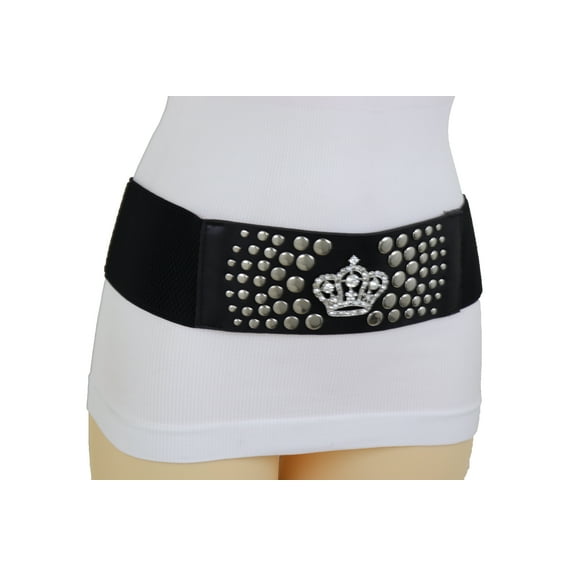 Women Black Elastic Belt Hip Waist Silver Metal Crown Stud Size M L