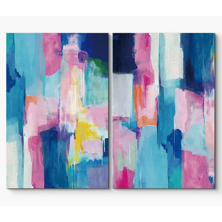 PixonSign Abstract Canvas Wall Art Set of 2 Blue and Pink Color Blocks  Pastel Painting Canvas Prints Contemporary Modern Art Colorful Wall Decor  for