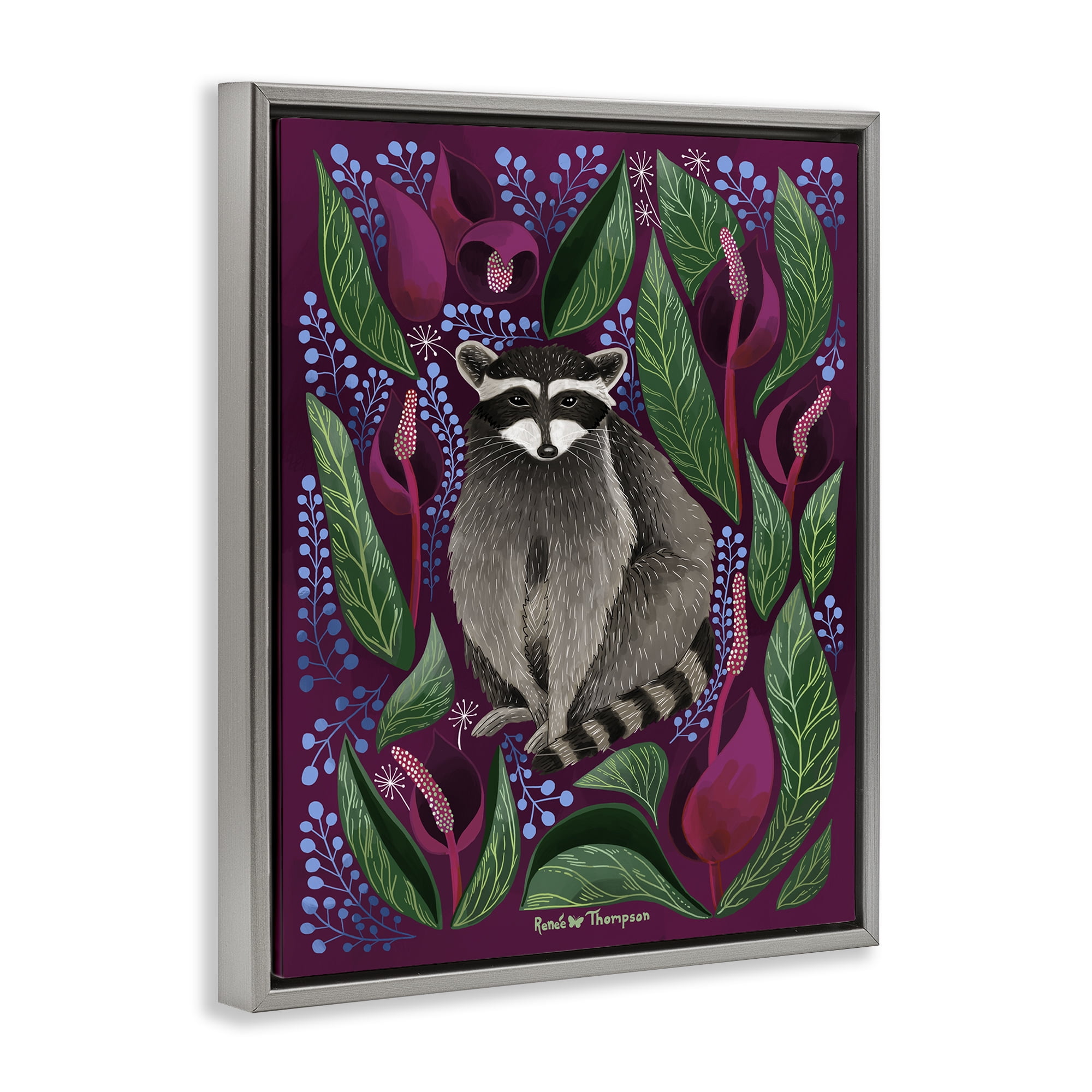 Stupell Industries Raccoon & Cabbage Leaves Animals Painting Gray Floater Framed Canvas Art Print Wall Art, 17 x 21