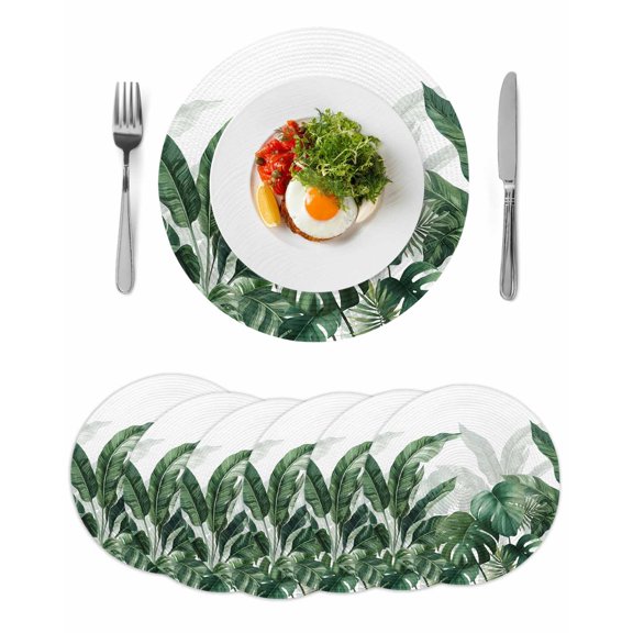 Palm Leaves Tropical Round 15 Inch Placemats Set of 6, Green Botanical Summer HeatResistant Non Slip Place Mats for Dining Table, Wipeable Braided Kitchen Table Mats for Housewarming