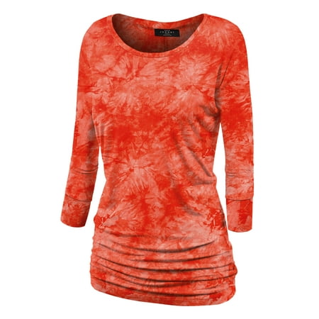 - MBJ WT1059 Womens Round Neck 3/4 Sleeve Tie Dye Drape Top with Side Shirring XXXL CORAL