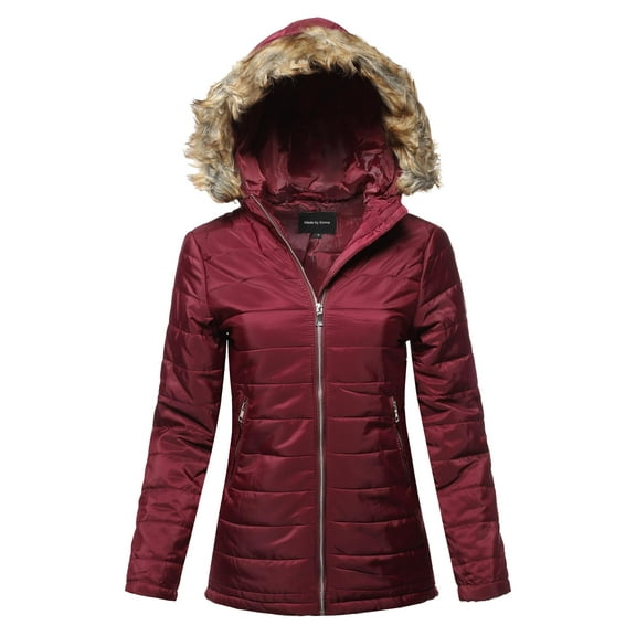 FashionOutfit Women's Casual Long Sleeve Quilted Padding Jacket with Detachable Faux Fur Hoodie