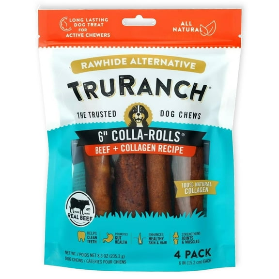 TRURANCH Collagen Rolls - 6" Collagen Rolls for Dogs - Long Lasting Healthy Joint Support Dog Treat - Rawhide Alternative - Skin & Coat Health - Made with Real Beef, 1 Bag, 4 Count