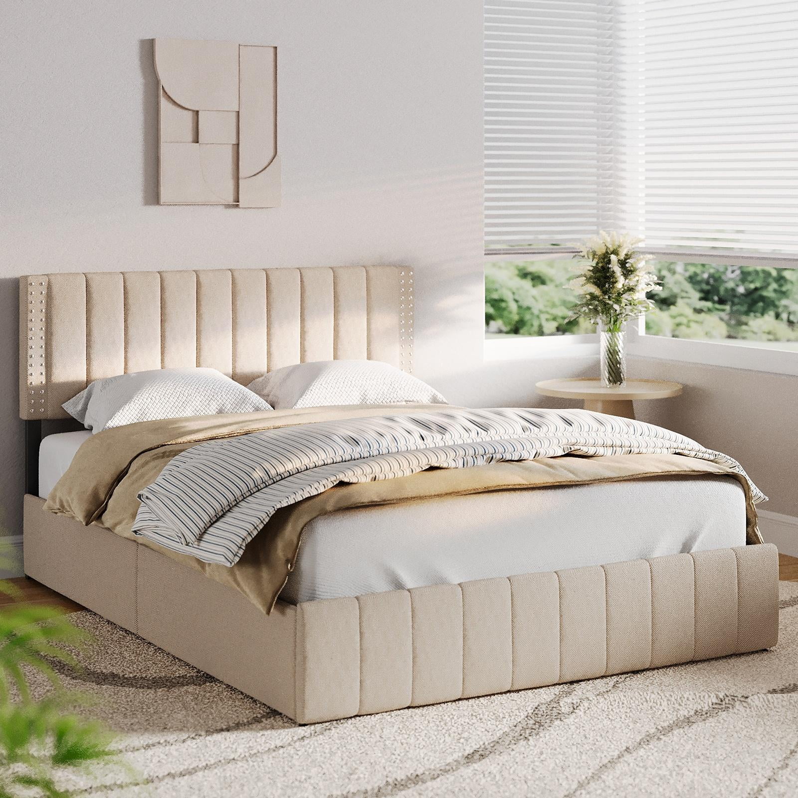 Asofer Modern Queen Bed Frame with Adjustable Headboard and 4 Metal Storage Drawers, Beige