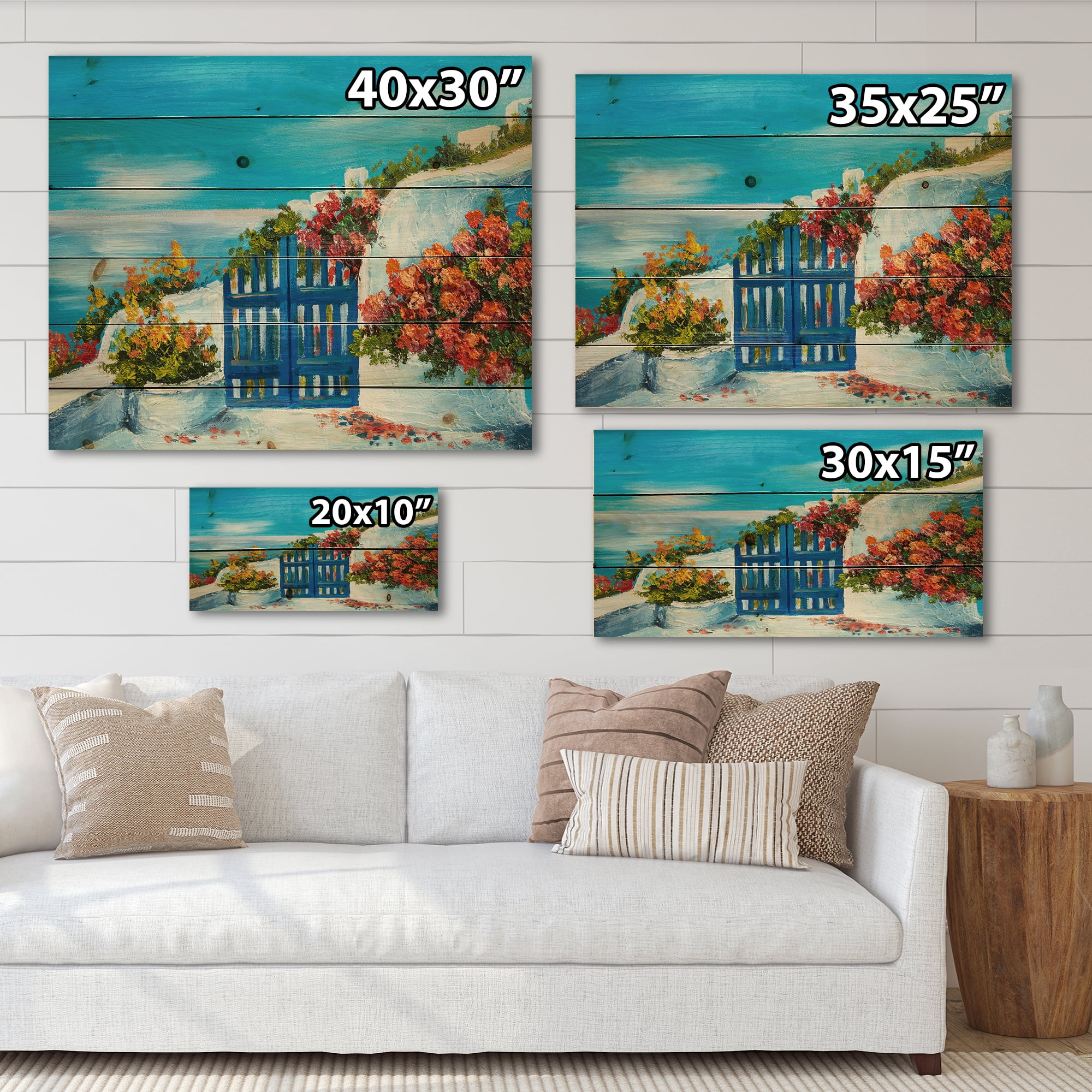 Designart 'House With Colorful Flowers Near The Sea III' Nautical & Coastal Print on Natural Pine Wood