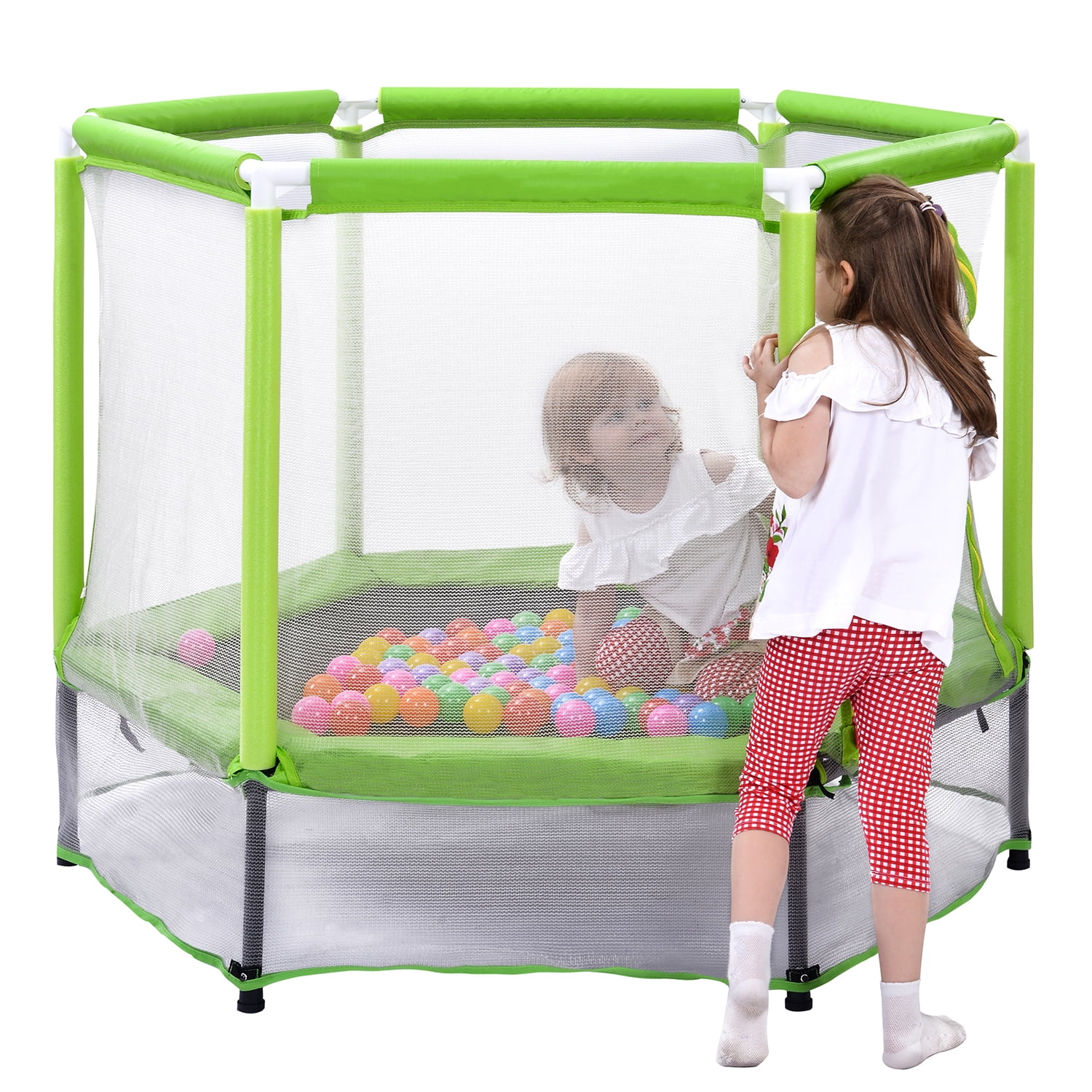 Kadyn 55" Toddlers Trampoline, Vinyl Jumping Trampoline with Safety Enclosure Net and Balls, Indoor Outdoor Mini Trampoline for Kids, Green