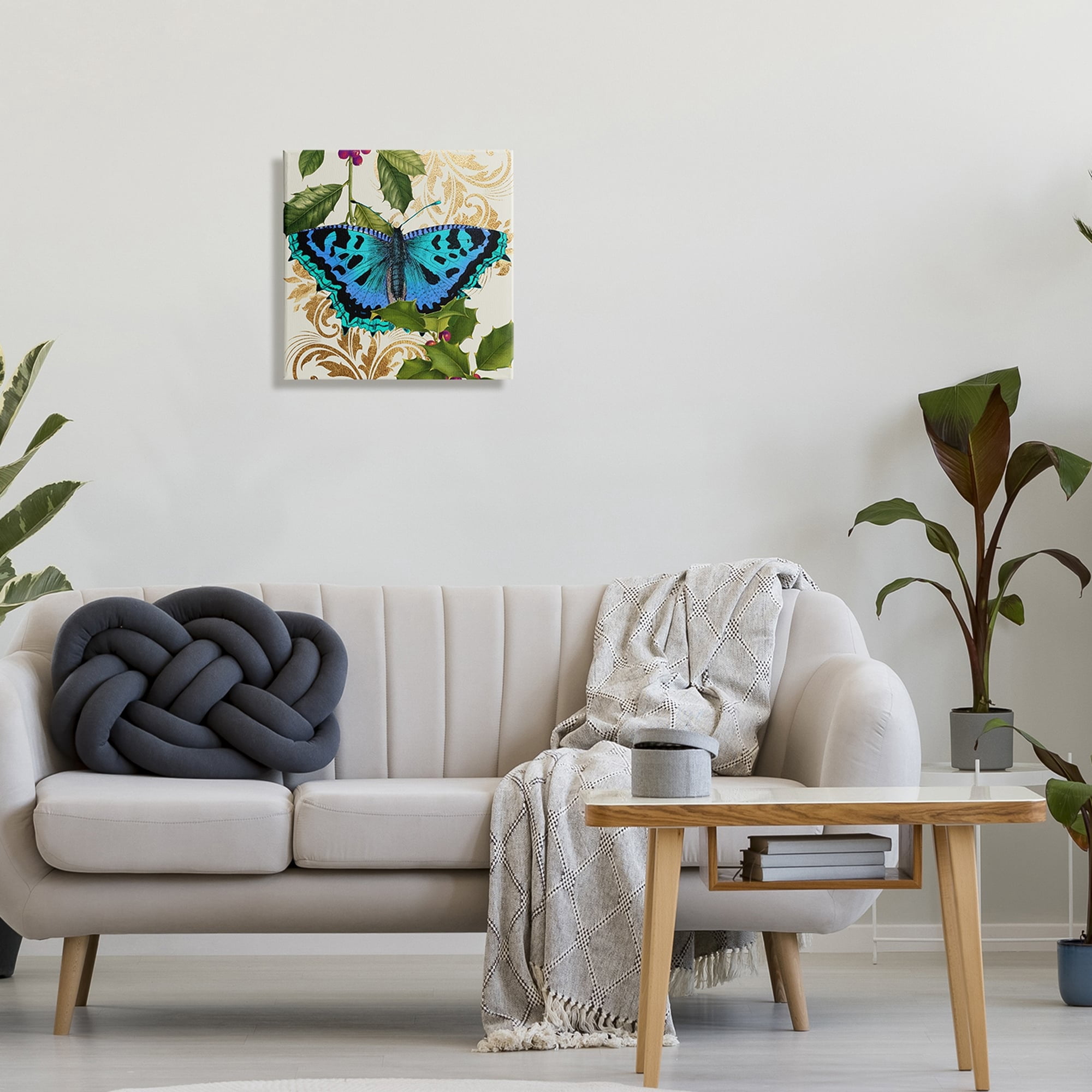 Stupell Industries Dazzling Butterfly Wings Golden Floral Design Winter Holly,17 x 17, Design by Daphne Polselli