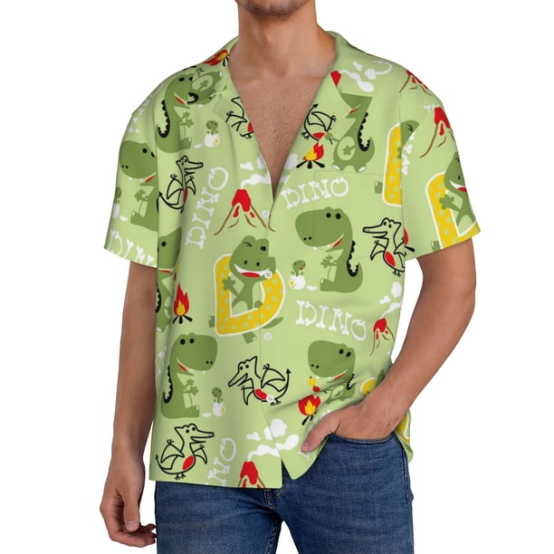 Fotbe Cute Dinosaurs Cartoon Camisa Estampada de Manga Corta para Hombre, Casual de Verano, Estilo Playero, Sin Arrugas-3X-Large
