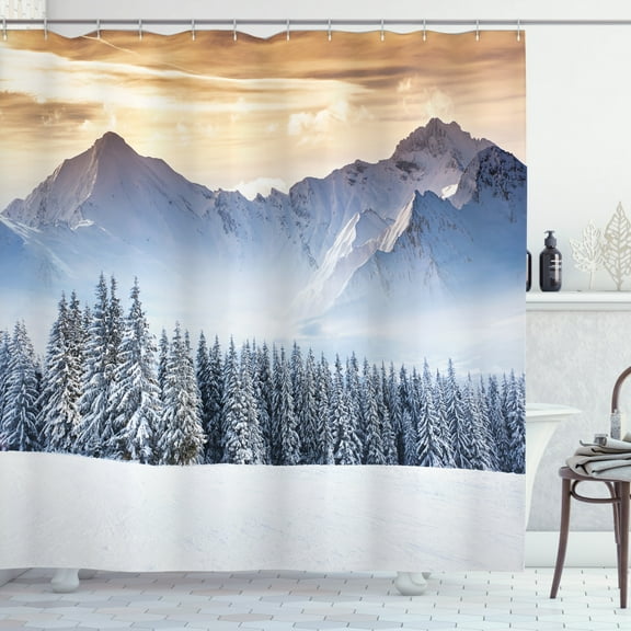 Winter Shower Curtain, Fantastic Landscape Photography Snowy Mountains Pine Trees Foggy Weather, Fabric Bathroom Set with Hooks, 69W X 70L Inches, Caramel White Black, by Ambesonne