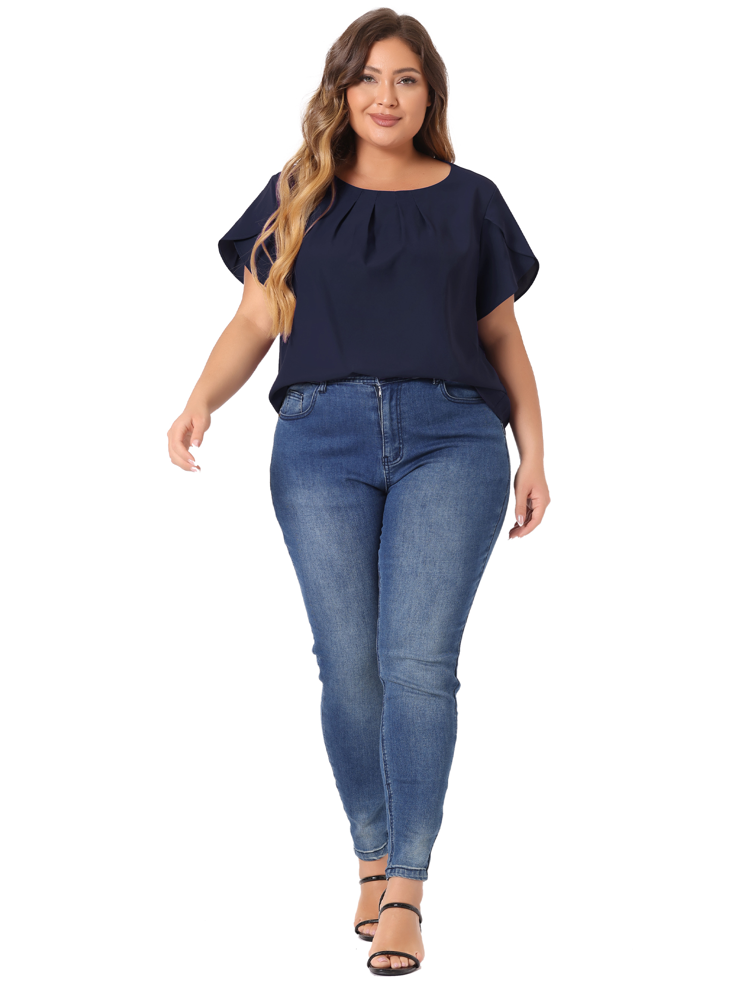 DARING DIVA Women's Plus Size Round Neck Pleated Tulip Sleeve Shirt Blouse 4X Dark Blue