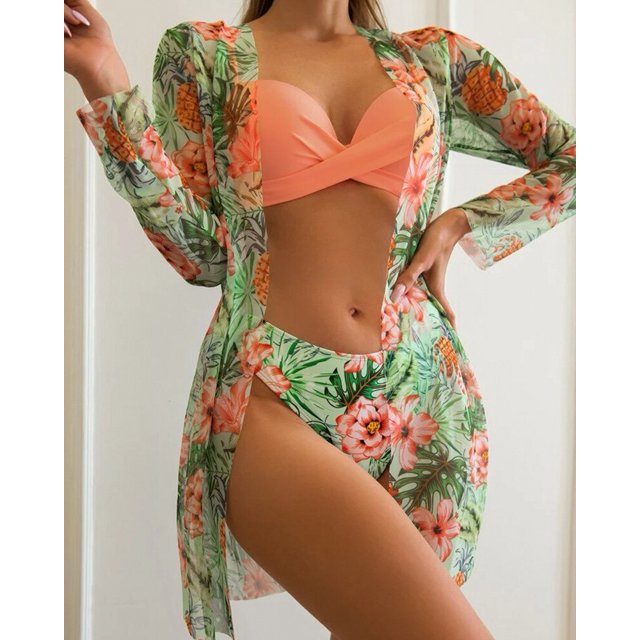 Traje de baño de tres piezas para mujer, cárdigan de malla con estampado de bikini dividido, 2 piezas
