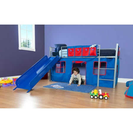 Boys Twin Loft Bed with Slide in Grey and Blue