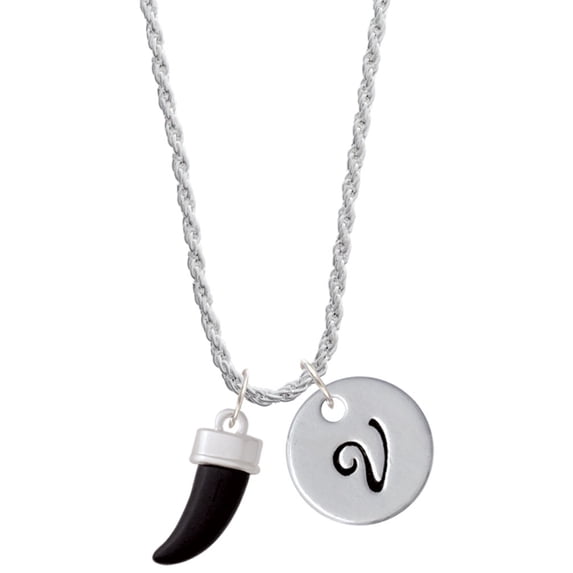 Delight Jewelry Black Sabre Tooth Silvertone Script Initial Disc - V - Charm Necklace, 20"+3"