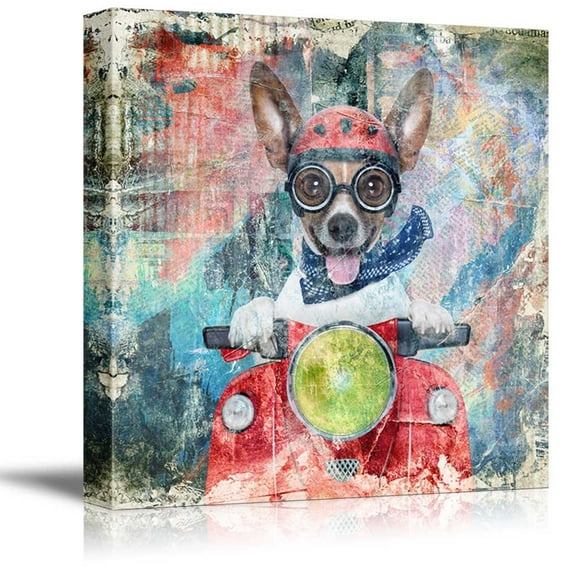 wall26 Square Dog Series Canvas Wall Art - Antique Style Painting of a Funny Dog Riding a Scooter - Giclee Print Gallery Wrap Modern Home Art Ready to Hang - 16x16 inches