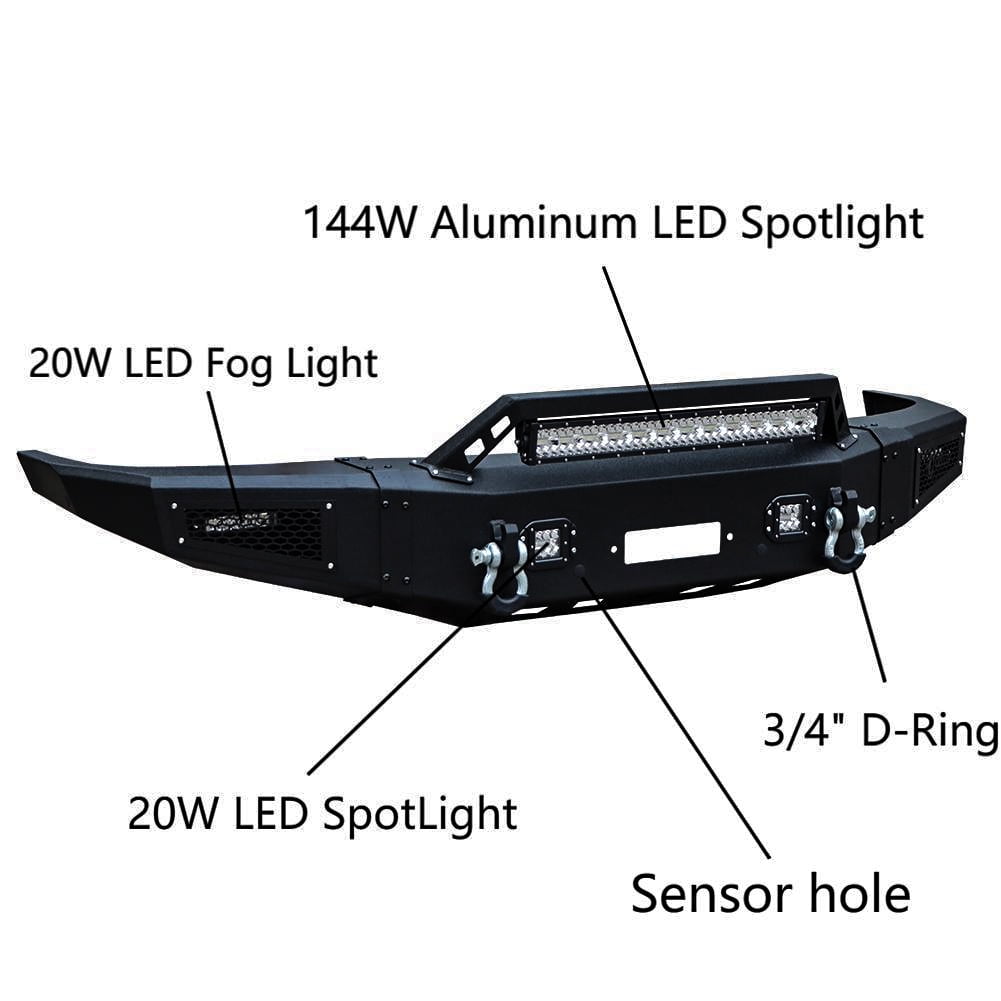 Vijay Compatible with 2014-2015 Chevrolet Silverado 1500 Front Bumper Textured Black Steel with Light and D-ring