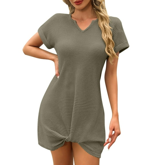 Drses‌‌ ‌‌‌‌‌‌‌‌‌‌‌‌‌‌‌‌Women's Waffle Knit Twist Cover Up Dress - Short Sleeve V Neck Swimsuit Beach Mini Dress