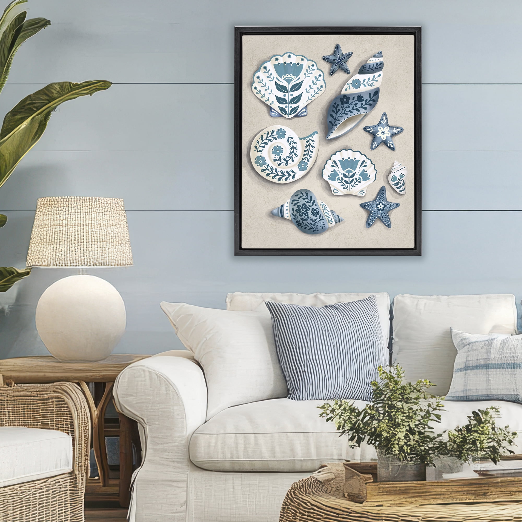 Stupell Industries Teal Nautical Floral Seashells Black Framed Floater Canvas Wall Art, design by Penny Aguilera