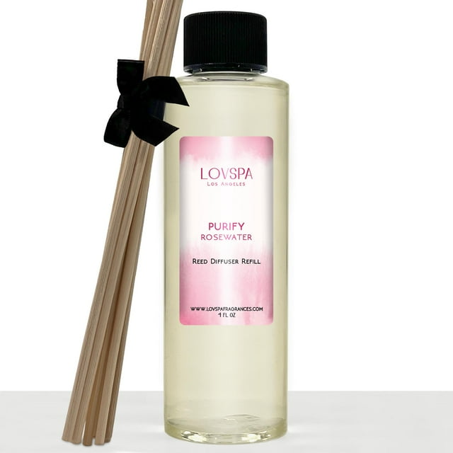 LOVSPA PURIFY Rosewater Reed Diffuser Oil Refill with Replacement Reed Sticks | Fragrant Red Roses Fresh Peonies & Jasmine 4 oz | Made in The USA
