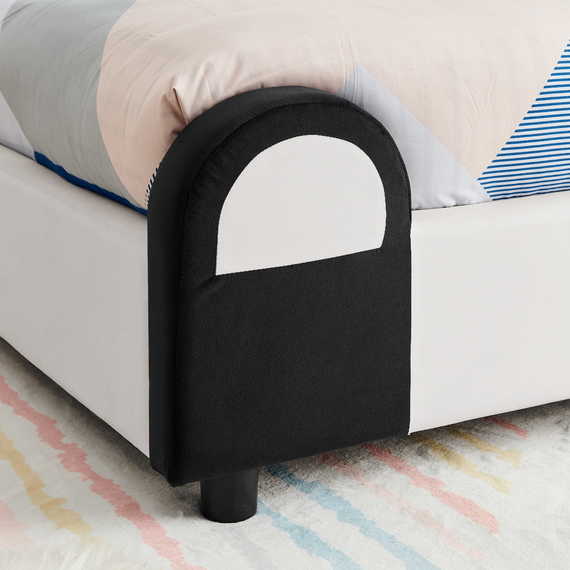 Mintazer Twin Upholstered Platform Bed Frame with Panda Headboard, Kids Velvet Bed for Boys Girls, White & Black