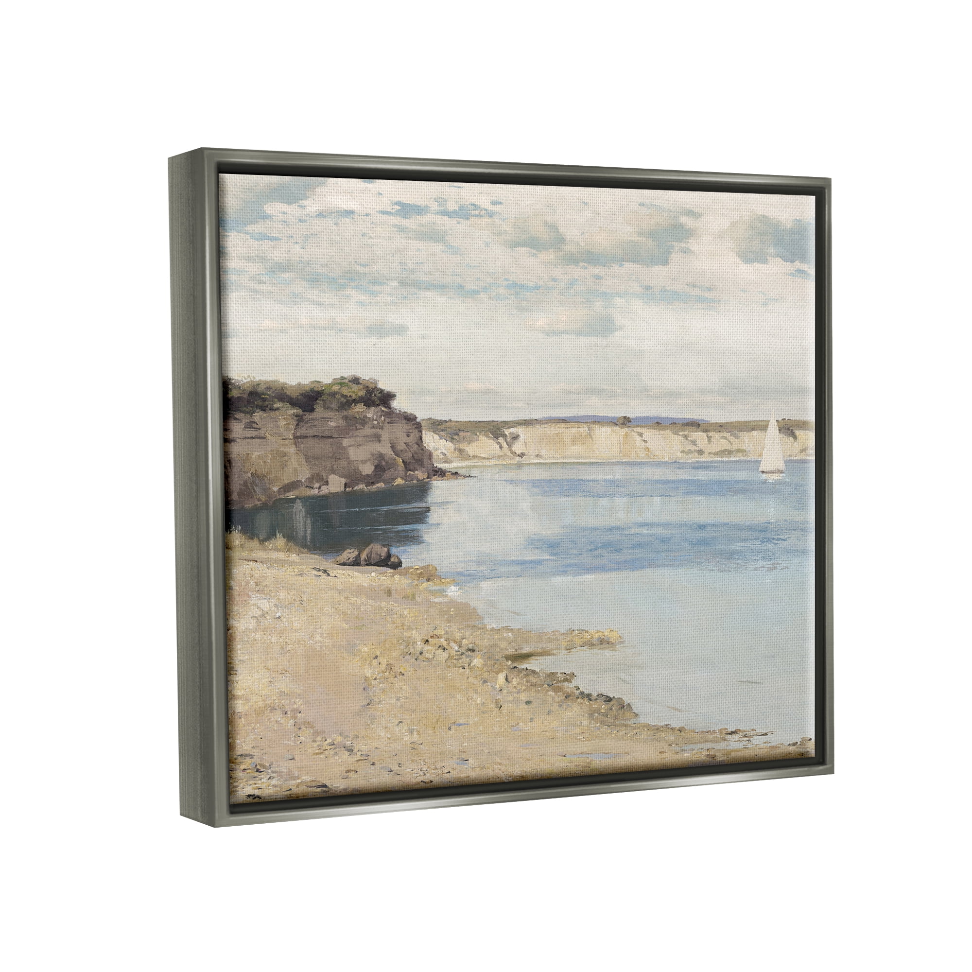 Stupell Rocky Coastal Cove Sailboat Landscape Painting Gray Floater Framed Art Print Wall Art