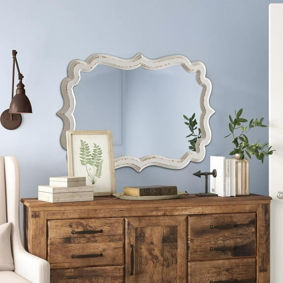 Sintosin Vintage Scalloped White Mirrors for Wall Decor 13" x 20", Distressed Finish Carved Wooden Framed Hanging Bathroom Mirror