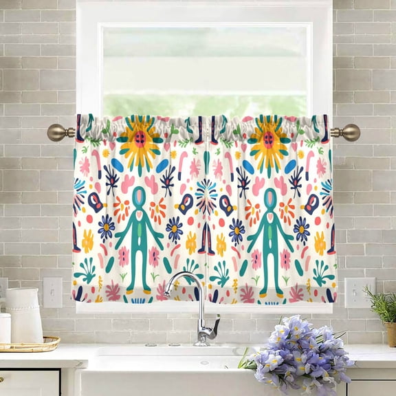 Yayeee Kitchen Curtains Tier Pair Light Filtering 27"x24" Rod Pocket Short Cafe Window Panel, Abstract Floral