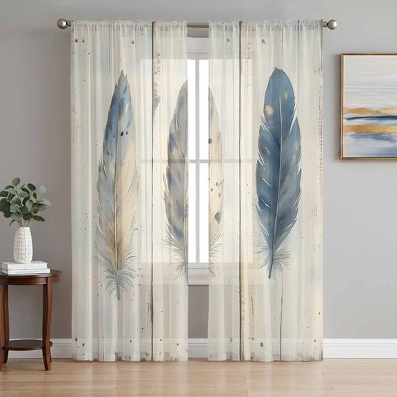 Blue Beige Feathers Sheer Curtains 84 Inch Length 2 Panels Set, Vintage Native Ombre Wood Grain Voile Window Treatment Rod Pocket Curtains Sheers Drapes for Bedroom/Living Room/Kitchen 52"x84"x2