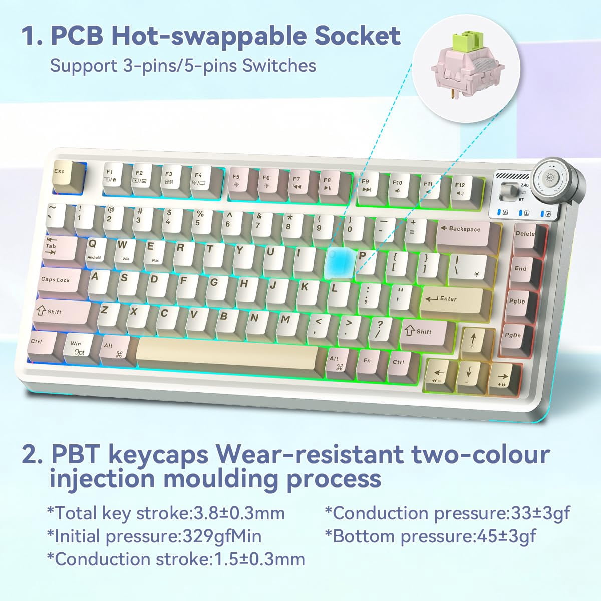 Aula AU75 Wireless Mechanical Keyboard, Hot Swap Gasket Gaming Keyboard with Knob, 4000mAh, 75% Five-Layer Padding PBT Keycaps, Pink