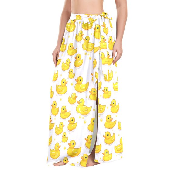 FORMRS Womens Long Sarong Beach Wrap Semi-Sheer Bikini Skirt Bathing Swimsuit Cover Up, Yellow Rubber Ducks