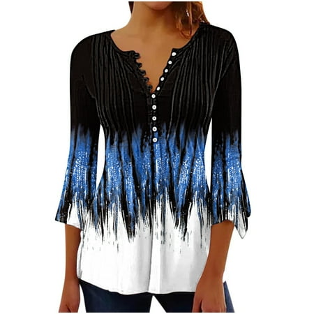 

hoksml Fancy Tops for Women Women s Casual Trumpet 3/4 Sleeve Printed Buttoned Basic Ruched Corset Tunic Tops Pleated T-shirts Blouses