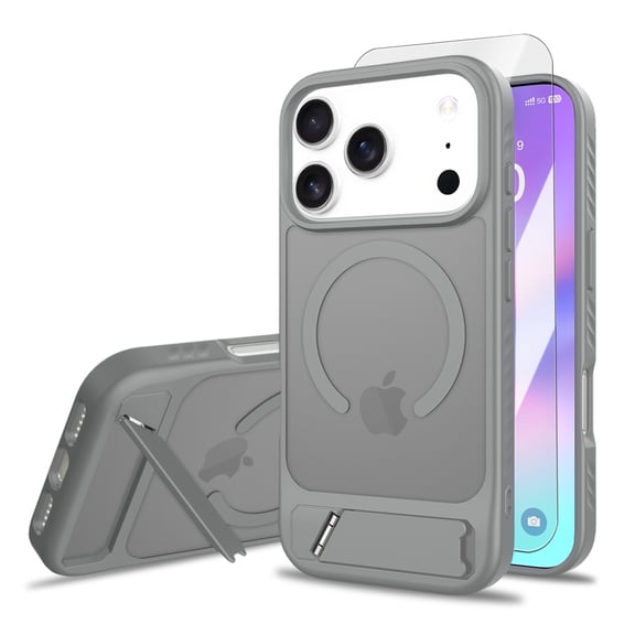 Dteck Magnetic Phone Case for iPhone 17 Pro with Screen Protector, Shockproof Hidden Stand Matte Frosted Back Slim Hard Cover, Darkgray