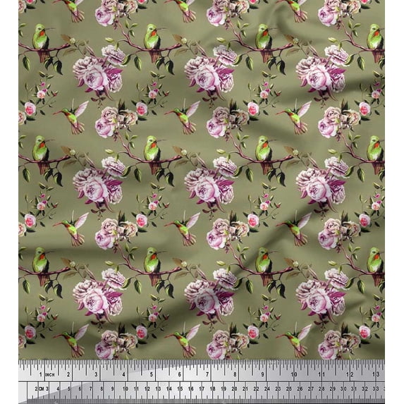 Soimoi Poly Georgette Fabric Hummingbird,Leaves & Rose Floral Print Fabric by Yard 42 Inch Wide