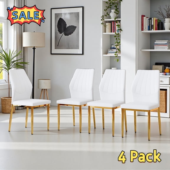 Tcbosik 4 Pack Upholstered PU Leather Chairs, Modern Dining Chair with Metal Legs, Kitchen Chair for Living Room, Easy Assembly, White Gold