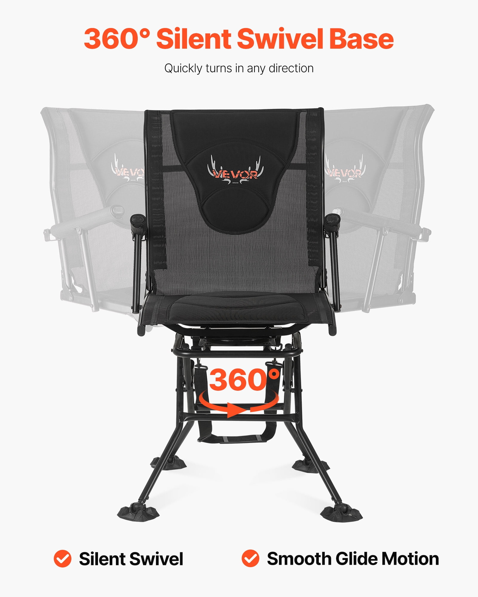 VEVOR Hunting Chair, 360° Silent Swivel, Foldable Portable Blind Chair, Heavy-Duty Steel Frame Ground Stool Seat, with Armrests, Adjustable Carry Strap, Anti-Sink Feet, 300 Lbs Capacity for Fishing