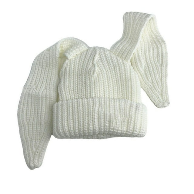 Visland Long Bunny Ears Ribbed Thickened Knitted Hat Unisex Riding Knitted Beanie Cap Fashion Accessories