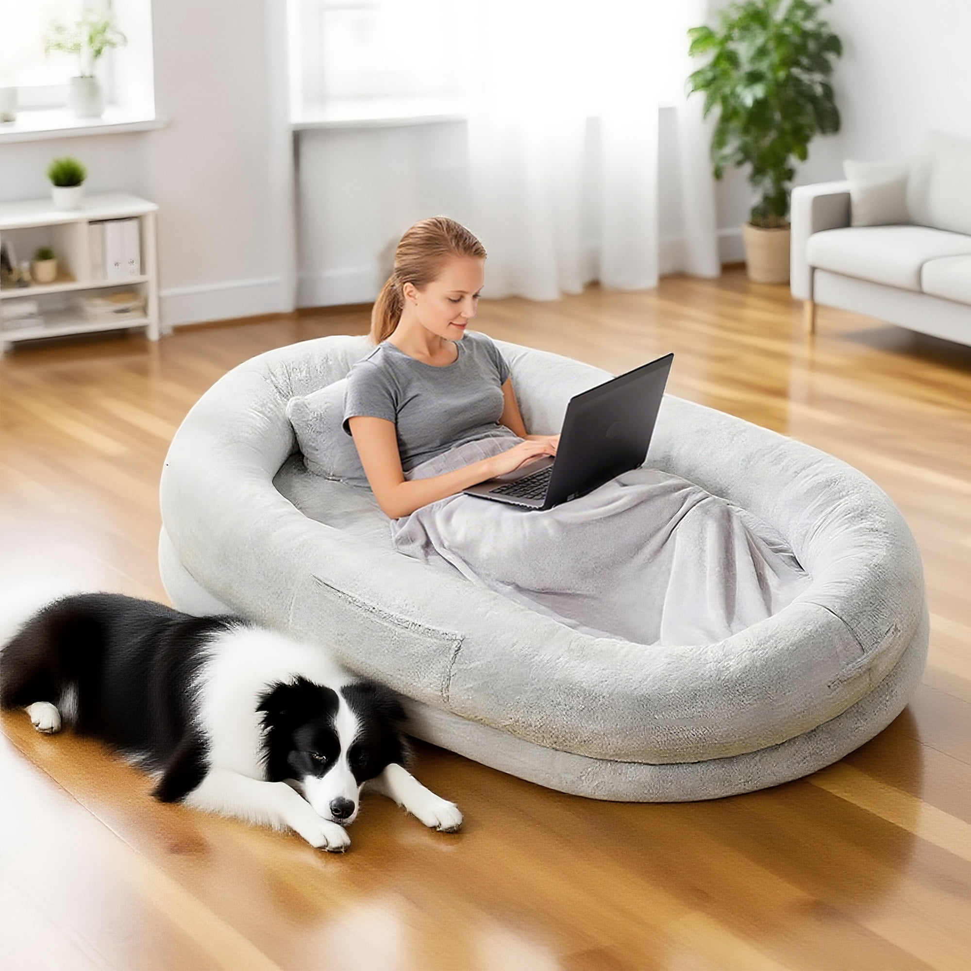 Extra Large Human Dog Bed for Adults & Pets, Faux Fur Orthopedic Lounger with Pillow & Blanket, Washable Nap Bed, Perfect Gift for Pet Lovers (68'' x 35'' x 14'')