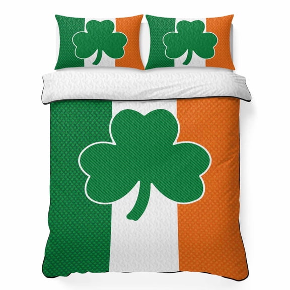 Twin Quilt Bedding Set, Irish Flag St. Patrick's Clovers Soft Microfiber Summer Bedspread Coverlet with 2 Pillow Shams for All Season, Lucky Green Leaves Breathable Bedding Set for Hot Sleepers
