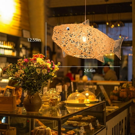 Mkyiongou Modern Wicker Rattan Fish Shade Pendant Light LED Dining Room Ceiling Lamp 110V
