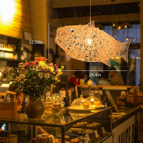Mkyiongou Modern Wicker Rattan Fish Shade Pendant Light LED Dining Room Ceiling Lamp 110V