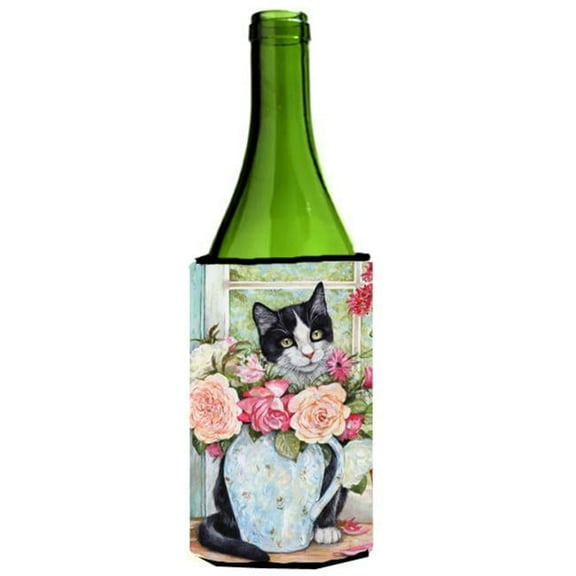 Black & White Rose Cat Wine Bottle Can cooler Hugger