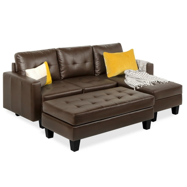 Best Choice S 3 Seat L Shape Tufted Faux Leather Sectional Sofa Couch Set W Chaise Lounge Ottoman Bench Brown Com Chaise Lounge Ottoman Bench Brown, Sectional Lounge Sofa Brown